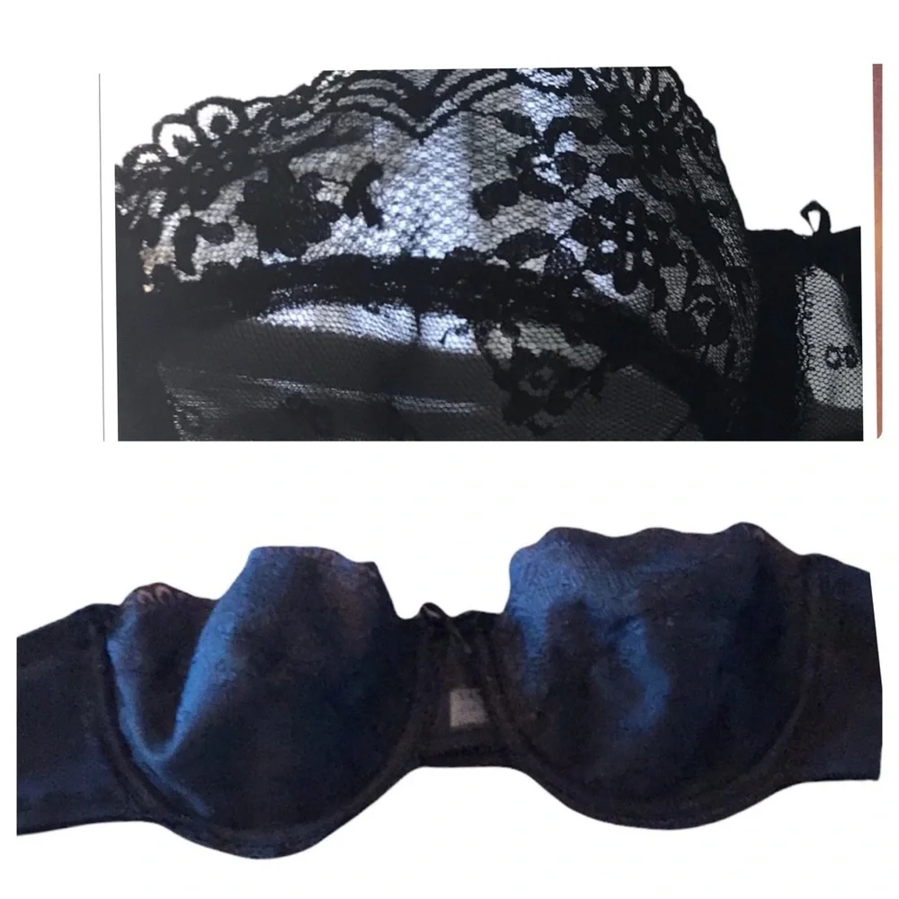Vintage bra black lace Vanity Fair 36A strapless